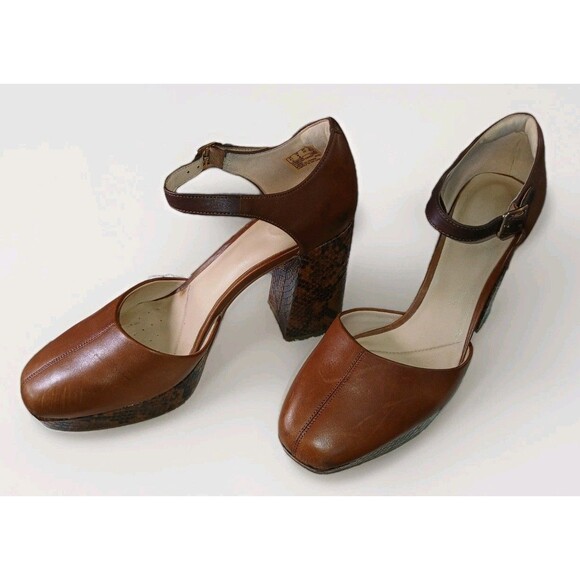 Clarks Mary Janes clogs Brown Leather Platform Straps Snakeskin Block Heel 9 M - Picture 4 of 16